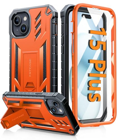 FNTCASE for iPhone 15 Plus Case, Built-in Screen Protector, Kickstand | Military-Grade Drop Protection, Anti-Slip Matte Textured, Rugged Heavy Duty Shockproof TPU Protective Cover - color: Orange
