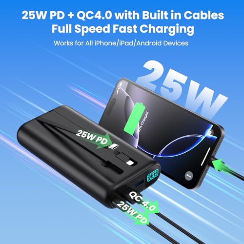 Portable Charger 40800mAh Power Bank with Built-in Cables,25W PD USB C Fast Phone Charging,5 Outputs External Battery Pack Backup,Travel Essential Outdoor for iPhone 18/17/16/15,Android Galaxy etc - color: Black