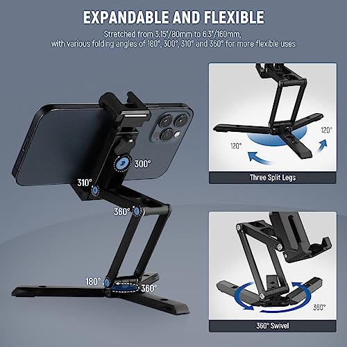 NEEWER Phone Tripod Mount with Cold Shoes, Metal Smartphone Tripod Adapter Compatible with iPhone, Multi Angle Tri Fold Cell Phone Holder, Handheld Phone Grip for Streaming Vlog SP-04