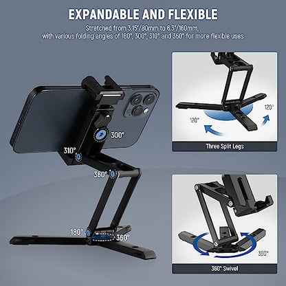 NEEWER Phone Tripod Mount with Cold Shoes, Metal Smartphone Tripod Adapter Compatible with iPhone, Multi Angle Tri Fold Cell Phone Holder, Handheld Phone Grip for Streaming Vlog SP-04
