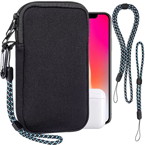 Pwsap Phone Sock, Universal Shock & Impact Resistant Neoprene Pouch with Carabiner and Lanyard Strap Sleeve Case for Hiking & Travelling Phone Bag Fits Phones up to 7 Inches, Black, M - color: Black, size: M