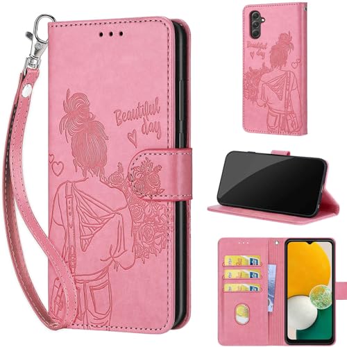 Wallet Case for Samsung Galaxy A54 5G, Pink Girl | Women Flip Folio Cover, Embossed PU Leather, Stand, Credit Card Holders Slots, Wrist Strap - color: 9