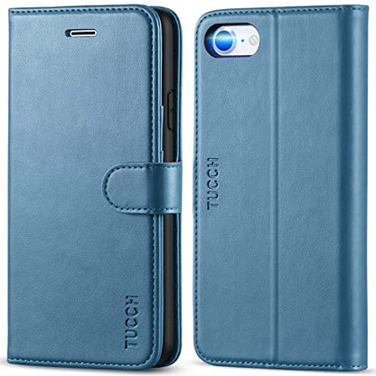 TUCCH Wallet Case for iPhone SE 2022/ iPhone 7/8/iPhone SE 2020, Lake Blue | 3 Card Holders, Kickstand, PU Leather, Shockproof TPU Shell, Magnetic Closure, Protective Folio Cover - color: Lake Blue
