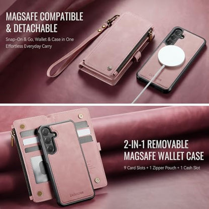 Defencase for Galaxy S25 Plus Case Wallet Compatible with Magsafe, Rosepink | Magnetic Detachable, RFID Bolcking Card Holder, Zipper Strap, PU Leather Drop-Proof Phone Cover for Samsung Galaxy S25+/Plus - color: (Detachable with Magsafe)-Pink
