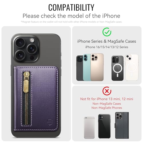 Strapurs Magnetic Card Holder Compatible with MagSafe Phones and Cases, PU Leather Phone Wallet for iPhone 17/16/15/14/13/12/Pro/Max/Plus/Air, 4 Card Slots RFID Blocking with Zipper Pocket - Purple - color: Purple