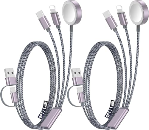 2Pack Travel Essentials for Apple Watch Charger,3-in-2 Multi Charging Cable - color: Gray, size: 2Pack-6 FT