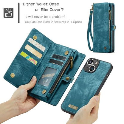 Compatible with iPhone 15 Wallet Case with Magsafe,Blue | Magnetic Detachable Case,Card Holder,Zipper Pocket,Strap Wristlet, Soft Leather Drop-Proof Phone Case for iPhone 15 6.1" - color: Blue, size: iPhone 15 6.1"