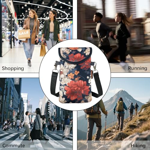Neoprene Phone Sleeve Pouch Case Bag for Men Women w/Crossbody Strap/Neck Lanyard for iPhone 17/16/15/14 Pro Max, Samsung S25，Pixel 10 - color: Peony and Daisy on Black