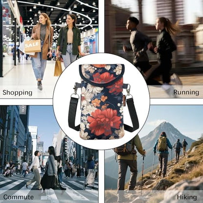 Neoprene Phone Sleeve Pouch Case Bag for Men Women w/Crossbody Strap/Neck Lanyard for iPhone 17/16/15/14 Pro Max, Samsung S25，Pixel 10 - color: Peony and Daisy on Black