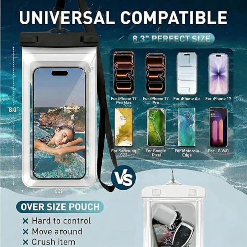 Waterproof Phone Pouch for iPhone 17 16 15 Pro Max IPX8 Black+White | Card Pocket, Lightweight, Large Cellphone Dry Bag, IPX8 Rated, Beach Essential, Cruise Ship, 2 Pack, 8.3 inch - color: B2-Black+White- 2 pack