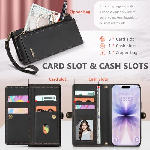 for iPhone 17 Wallet Case, Detachable Magnetic Phone Case,Faux Leather Strap Wallet,with RFID Blocking，Zipper Card Holder，Shoulder Straps(Black) - color: Black, size: iPhone 17