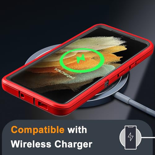 for Samsung Galaxy S21 Ultra Case with 2Pcs Self Healing Flexible TPU Screen Protector & Camera Lens Protector, 3 in 1 Heavy Duty Shockproof/Drop Proof/Dust Proof Case (Red/Black) - color: Red/Black