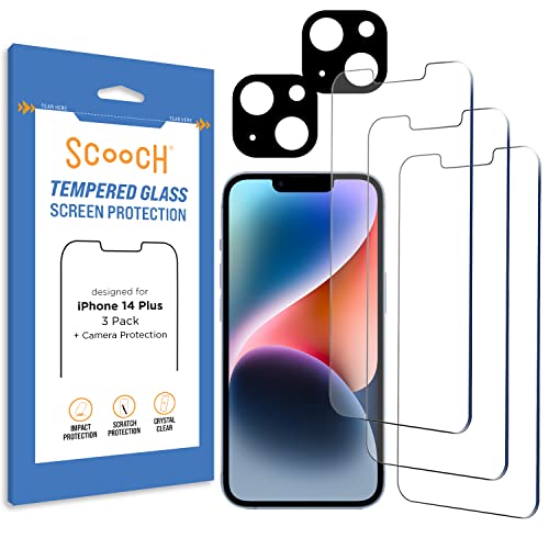 Scooch® Tempered Glass Multipack for iPhone 14 Plus, 3 Screen Protectors and 2 Camera Lens Protectors, Premium 9H Tempered Glass, Anti-Scratch, Anti-Fingerprint, Impact Resistant - size: iPhone 14 Plus