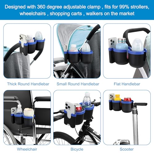 Accmor Stroller Cup Holder with Phone Holder, Bike Cup Holder, Universal Cup Holder for Uppababy Nuna Strollers, 2-in-1 Drinks Holder for Walker, Wheelchair, Scooter - color: Double Holder-Blue