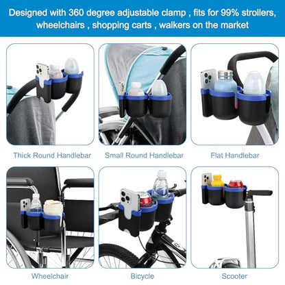 Accmor Stroller Cup Holder with Phone Holder, Bike Cup Holder, Universal Cup Holder for Uppababy Nuna Strollers, 2-in-1 Drinks Holder for Walker, Wheelchair, Scooter - color: Double Holder-Blue