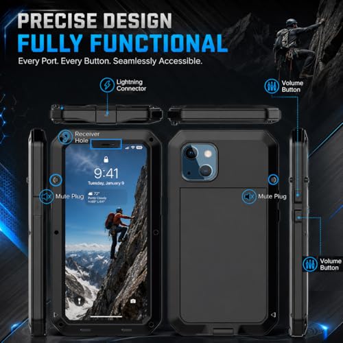 for iPhone 13 Case, 360 Full Body Protective Cover Heavy Duty Shockproof Tough Armour Aluminum Metal Case with Silicone Built-in Screen Protector for Apple iPhone 13 6.1 Inch - Black - color: Black