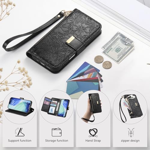 for iPhone 17 Pro Phone Case Wallet, Black | Built-in Card Holder (8-10 Cards), Zipper Pocket, Wrist Strap, Stand Kickstand, Flower PU Leather Protective Phone Case Women - color: Black, size: iPhone 17 Pro
