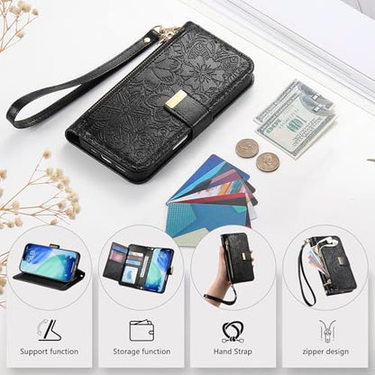 for iPhone 17 Pro Max Phone Case Wallet, Black | Built-in Card Holder (8-10 Cards), Zipper Pocket, Wrist Strap, Stand Kickstand, Flower PU Leather Protective Phone Case Women - color: Black, size: iPhone 17 Pro Max