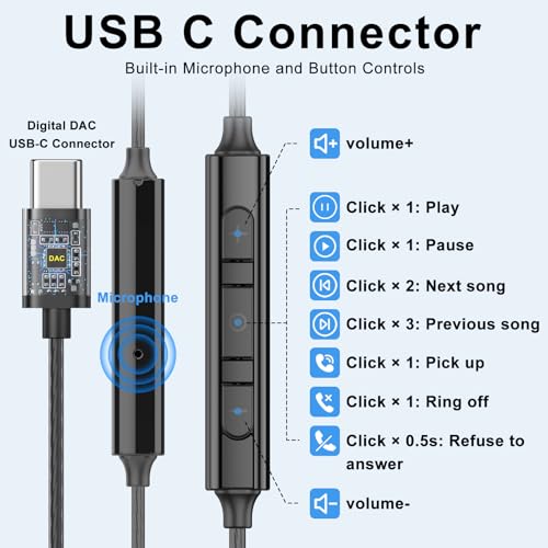 USB C Headphones for Samsung Galaxy S24 S23Ultra FE S22, USB C Earphones Wired with Mic Stereo Type C Headphones Magnetic in-Ear Type C Earbuds for Galaxy A55 A16 A35 ipad iPhone 16 15