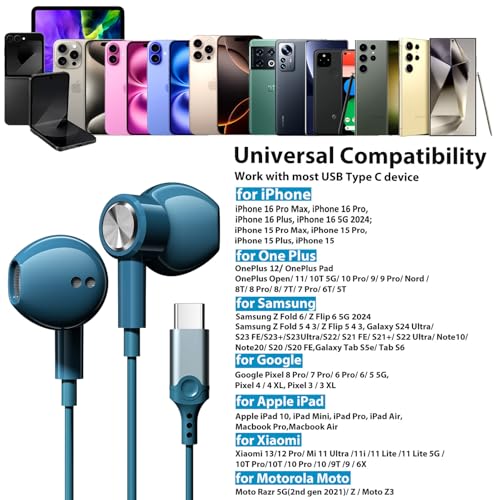 Jelanry Magnetic USB-C Wired Earbuds HiFi Stereo Headphones with Mic, Blue - color: Blue