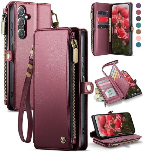 Defencase for Samsung Galaxy A16 5G Wallet Case with Card Holder, Wine Red | RFID Blocking, Zipper Pocket, Durable PU Leather, Wrist Strap, Fashion Snap Flip Phone Cases Cover with Stand for Women Men - color: Wine Red