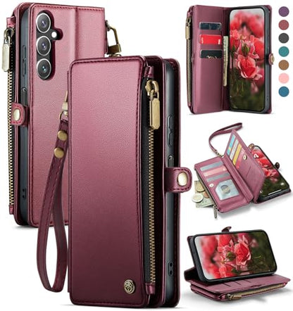 Defencase for Samsung Galaxy A16 5G Wallet Case with Card Holder, Wine Red | RFID Blocking, Zipper Pocket, Durable PU Leather, Wrist Strap, Fashion Snap Flip Phone Cases Cover with Stand for Women Men - color: Wine Red