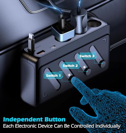 LIHAN Cigarette Lighter Splitter with Retractable Type-C Cable, PD45W+QC - size: C29