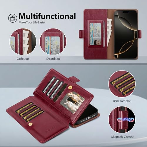 Compatible with iPhone 17 Pro Case Wallet with Card Holder [9 Card Slot] Women Men,RFID Blocking Luxury PU Leather Phone Case Flip Folio Protector Cover Credit Card Slot Kickstand,Wine Red - color: Wine Red, size: iPhone 17 Pro