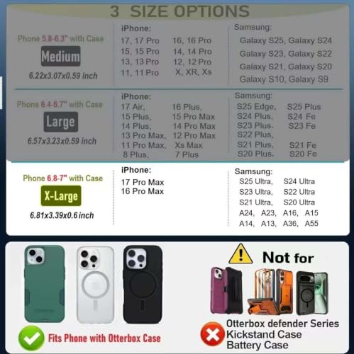 Magnetic Cell Phone Holster with Belt Clip for iPhone Samsung Galaxy | N52 magnetic closure, fits OtterBox. Card slot + pen holders 4-way carry: belt loops, clip, ring, fieldwork, hiking For Men - size: X-Large