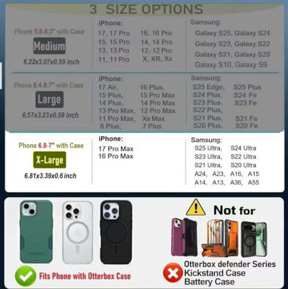 Magnetic Cell Phone Holster with Belt Clip for iPhone Samsung Galaxy | N52 magnetic closure, fits OtterBox. Card slot + pen holders 4-way carry: belt loops, clip, ring, fieldwork, hiking For Men - size: X-Large
