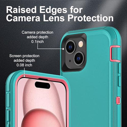 YKHJKLEC for iPhone 15 Case, Military Grade 3 in 1 Heavy Duty Shockproof/Drop Proof/Dust Proof Case with 2Pcs Tempered Glass Screen Protector (Aqua Blue/Pink) - color: Aqua Blue/Pink