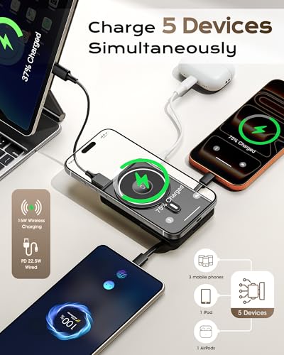 for Magsafe Portable Charger, 10000mAh Power Bank, Dark Black | PD 22.5W Fast Charging with USB-C Cable, Foldable Stand, Magnetic Wireless Charger for iPhone 17/16/15/14/13/12 Series - color: Dark Black