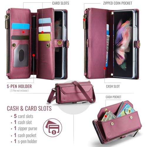 Strapurs Crossbody Wallet Case Compatible with Samsung Galaxy Z Fold 3 with RFID Blocking Card Holder & Pen Holder Slot Soft PU Leather Shoulder Strap Zipper Pocket Purse Fold 3 Phone Case, Wine Red | RFID Blocking 5-Card Holder, Shoulder Lanyard, Wirst S