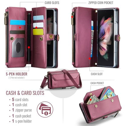 Strapurs Crossbody Wallet Case Compatible with Samsung Galaxy Z Fold 3 with RFID Blocking Card Holder & Pen Holder Slot Soft PU Leather Shoulder Strap Zipper Pocket Purse Fold 3 Phone Case, Wine Red | RFID Blocking 5-Card Holder, Shoulder Lanyard, Wirst S