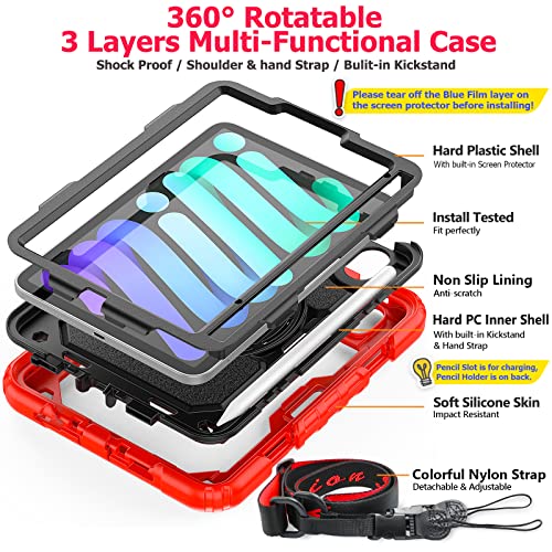 SEYMAC stock Case for iPad mini 7 (A17 Pro) 2024/ Mini 6 8.3'' with Screen Protector Pencil Holder [360 Rotating Hand Strap] &Stand, Drop-Proof Case for iPad mini 7th/6th Generation 8.3", Black+Red - color: Black+Red