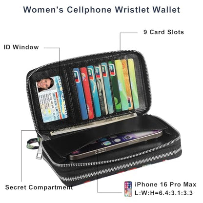 RFID Blocking Cellphone Wallet for Women with Wrist Strap, Double Zipper Travel Clutch Purse Large Capacity, Cherry - color: Cherry