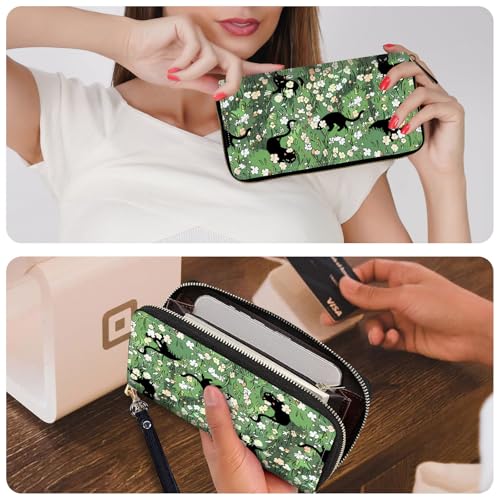 Ladies Wallet,Clutch Purses for Women Wallets Leather Credit Card Holder for Women Wristlet Slim Small Cute with Zipper,Thin RFID Blocking with Wrist Strap,Cat Flower Green - color: Cat Flower Green