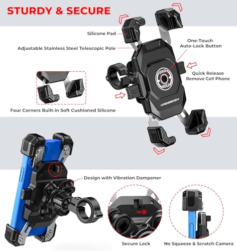 VAZESWIN Motorcycle Bike Phone Mount with Vibration Dampener, 1s Auto Lock