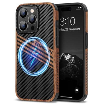 TENDLIN Magnetic Case Compatible with iPhone 15 Pro Case Wood Grain with Carbon Fiber Texture Design Leather Hybrid Slim Cover (Compatible with MagSafe) Three Stripe - color: Magnetic Three Stripe, size: iPhone 15 Pro