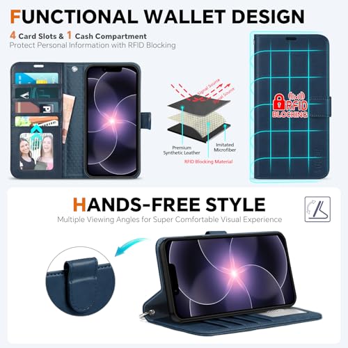TUCCH Detachable 2-in-1 Case Wallet for iPhone 17e 16e (6.1"), Dark Blue | 4 Card Slots, RFID Blocking, Wireless Charging, Viewing Stand, Wrist Strap, PU Leather, Shockproof TPU, Magnetic, Flip Cover - color: Dark Blue