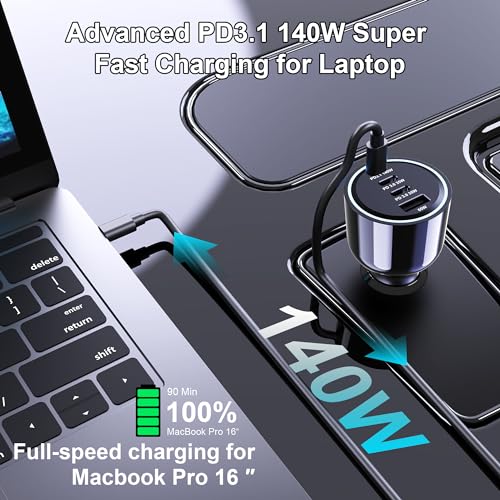 240W USB C Car Charger, Super Fast Charging 4-Ports PD3.1 140W/PD3.0 100W PPS 45W QC65W Type-C Car Adapter for MacBook Pro Laptop iPhone 16 15 Max iPad Samsung Galaxy S24/23 Pixel etc