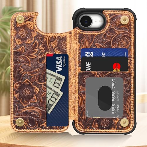 Wallet Real Leather Case Compatible with iPhone 16e/17e 6.1" Brown | Genuine Leather,Shockproof, Anti-Fall Case,Flip Cover,with Card Slot,Double Magnetic Buckle,Kickstand,RFID Blocking Brown - color: Brown, size: 6.1"-16e