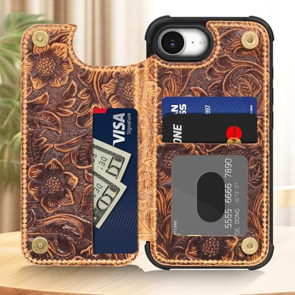 Wallet Real Leather Case Compatible with iPhone 16e/17e 6.1" Brown | Genuine Leather,Shockproof, Anti-Fall Case,Flip Cover,with Card Slot,Double Magnetic Buckle,Kickstand,RFID Blocking Brown - color: Brown, size: 6.1"-16e