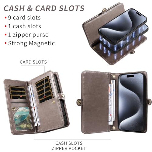 Asuwish Phone Case for iPhone 15 Pro 6.1 inch Zipper Wallet Magnetic Detachable Cell Cover with Tempered Glass Screen Protector Crossbody Strap Flower Credit Card Holder i Phone15 i15 15Pro Women Gray - color: Gray