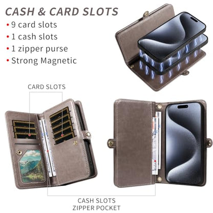 Asuwish Phone Case for iPhone 15 Pro 6.1 inch Zipper Wallet Magnetic Detachable Cell Cover with Tempered Glass Screen Protector Crossbody Strap Flower Credit Card Holder i Phone15 i15 15Pro Women Gray - color: Gray