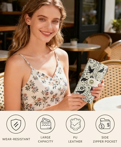 GIANCOMICS Crow Womens Wallet RFID Blocking, Goth Credit Card Holder Bifold | Billfold, Cute Cash Purse, Travel Zipper Coin Pocket, Compact Clutch, PU Leather, ID Window, 11 Card Slots, Ladies Gift Woman - color: Crow