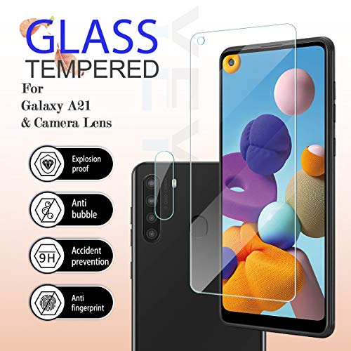 YEBF Galaxy A21 HD Clear Tempered Glass Screen Protector + Camera Lens Protectors by YEYEBF,[2+2 Pack] [3D Glass] [Anti-Glare] [Bubble-Free] Screen Protector Glass for Samsung Galaxy A21 - size: Galaxy A21