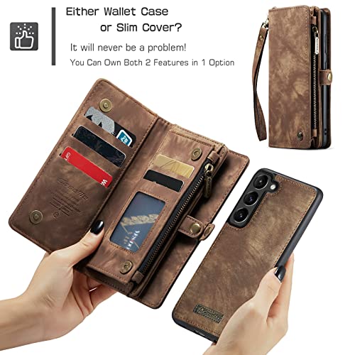 Samsung Galaxy S23 Wallet Case,Zipper Folio Leather Case Wallet with Card Holder Strap Wristlet Detachable Magnetic Protective Back Case for Samsung Galaxy S23 5G 6.1 Inch(Brown) - color: Brown, size: S23 5G 6.1 Inch