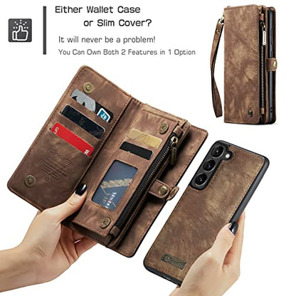 Samsung Galaxy S23 Wallet Case,Zipper Folio Leather Case Wallet with Card Holder Strap Wristlet Detachable Magnetic Protective Back Case for Samsung Galaxy S23 5G 6.1 Inch(Brown) - color: Brown, size: S23 5G 6.1 Inch
