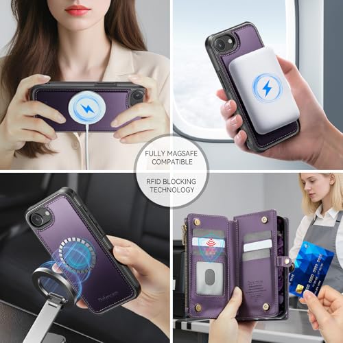 Defencase for iPhone 17e/16e Case Wallet Compatible with Magsafe, Purple | Drop-Proof Magnetic Detachable Phone Cases Cover, with RFID Bolcking Card Holder, Zipper Strap, PU Leather, Removable Wallet - color: (Detachable with Magsafe)-Purple